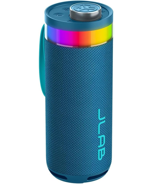 JLab Go Party Portable Bluetooth Speaker, Navy, 10 Watts of Power, 16+ Hours of Playtime, IP56 Waterproofing, Customizable RGB LED Lighting, Lab Sync Up to 100 Speakers, Custom Sound in-App