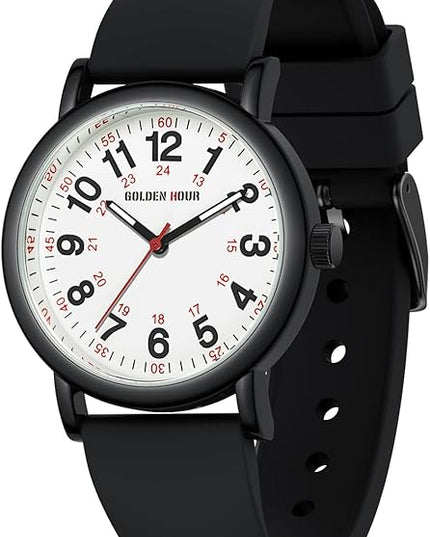 GOLDEN HOUR Waterproof Nurse Watch for Medical Professionals, Students Women Men - Military Time Luminouse Easy Read Dial, 24 Hour with Second Hand, Colorful Silicone Band