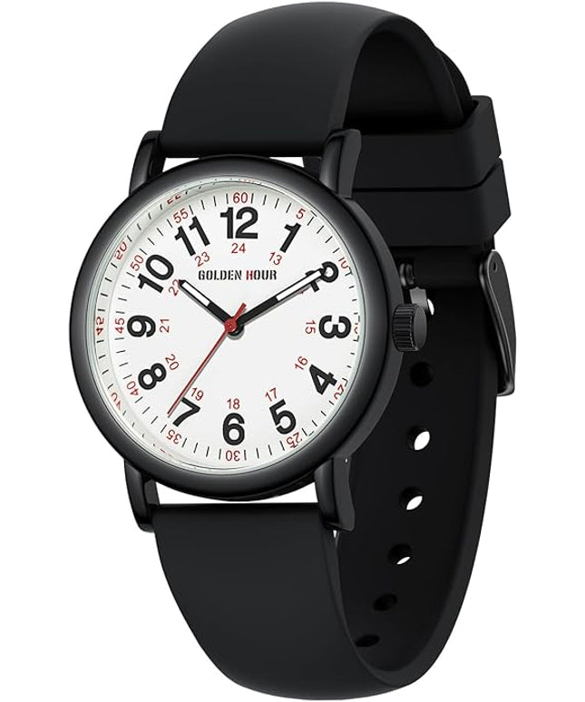 GOLDEN HOUR Waterproof Nurse Watch for Medical Professionals, Students Women Men - Military Time Luminouse Easy Read Dial, 24 Hour with Second Hand, Colorful Silicone Band