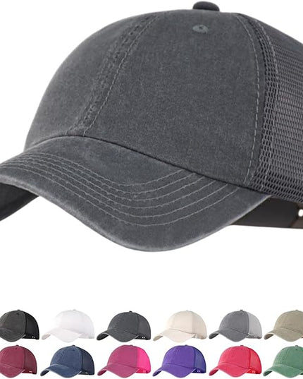 Vintage Washed Soft Crown Baseball Cap Plain Snapback Trucker Hat Men Women Adjustable Distressed Mesh-Back Ball Cap