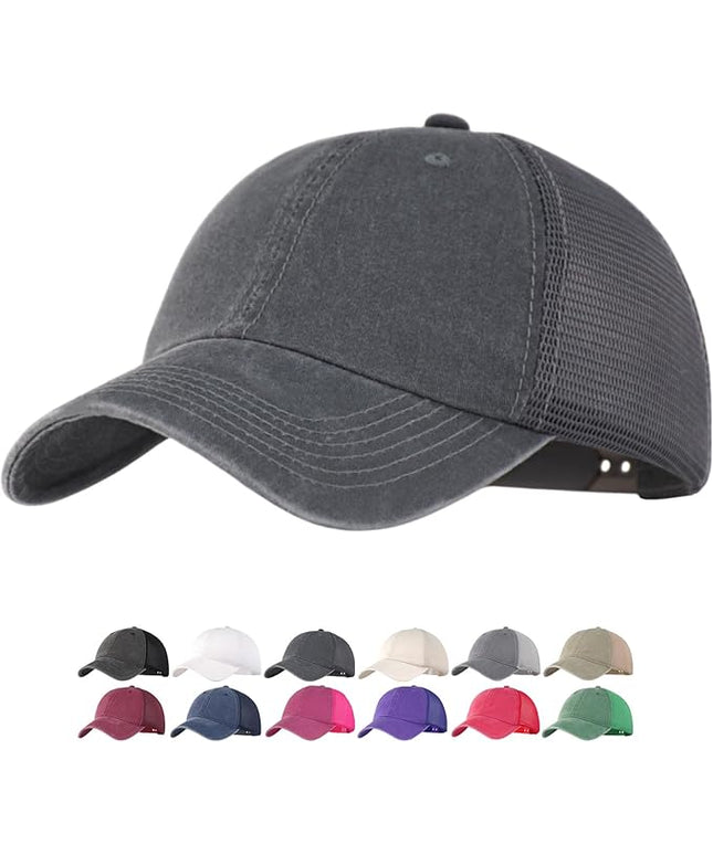 Vintage Washed Soft Crown Baseball Cap Plain Snapback Trucker Hat Men Women Adjustable Distressed Mesh-Back Ball Cap