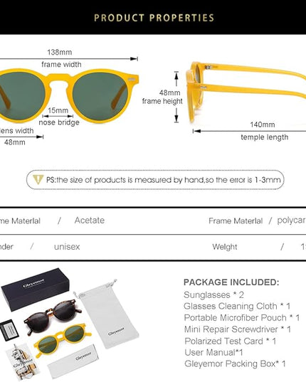 Gleyemor Vintage Polarized Sunglasses for Men Round Sunglasses UV400 Protection Retro Hand-crafted Acetate Frame