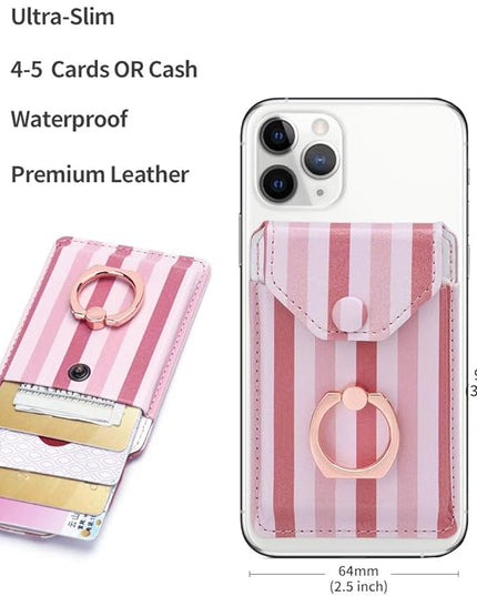 RFID Ring Stand Stick on Wallet Card Holder for Back of Phone for iPhone Android and All Smartphones Adhesive Credit Card Holder for Cell Phone-Pink Striped