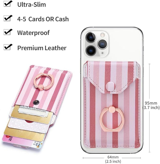 RFID Ring Stand Stick on Wallet Card Holder for Back of Phone for iPhone Android and All Smartphones Adhesive Credit Card Holder for Cell Phone-Pink Striped
