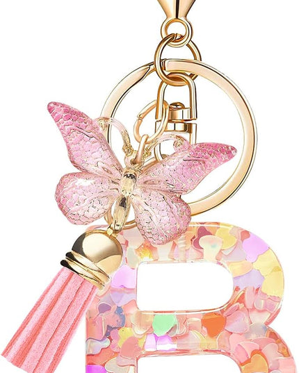 Fashion Alphabet Initial Letter Keychain Tassel Butterfly Pendant Key Ring for Purse Handbags Women Girl