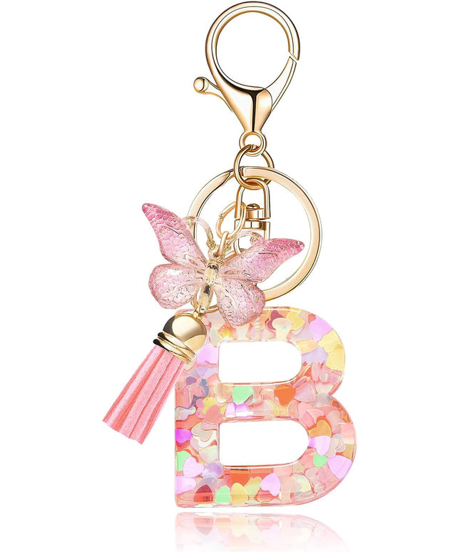 Fashion Alphabet Initial Letter Keychain Tassel Butterfly Pendant Key Ring for Purse Handbags Women Girl