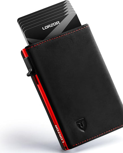 LORZOR Wallet for Men with Metal Card Holder, Pop Up Wallet, Finest Full Grain Leather Trifold Wallet, Smart, Minimalist, RFID Blocking, Front Pocket, ID Window, Black/Red