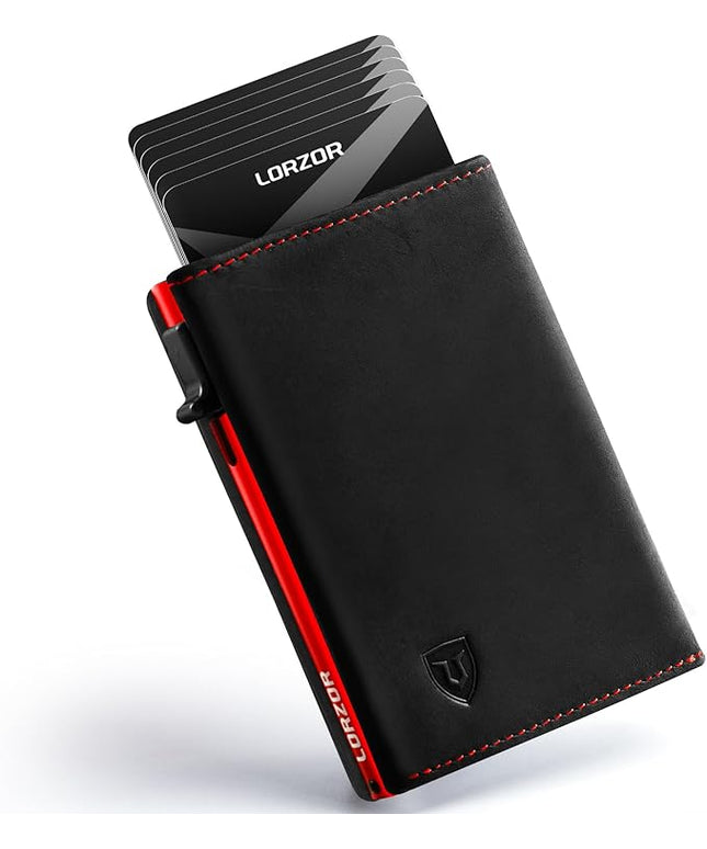 LORZOR Wallet for Men with Metal Card Holder, Pop Up Wallet, Finest Full Grain Leather Trifold Wallet, Smart, Minimalist, RFID Blocking, Front Pocket, ID Window, Black/Red