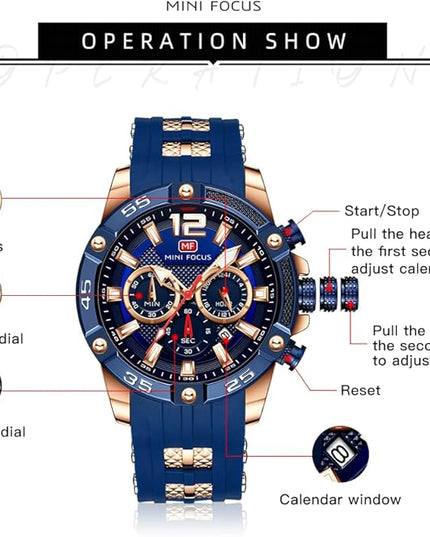 MF MINI FOCUS Men Watches Unique Casual Wrist Watches (Chronograph/Waterproof/Luminous/Calendar/24 Hours) Silicon Band Fashion Watches for Men