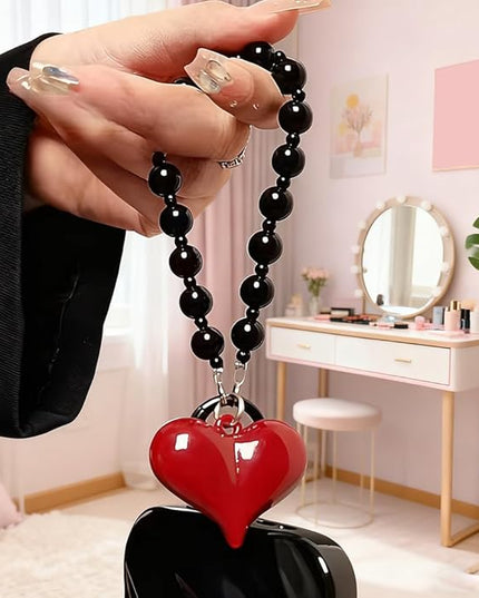 Red Heart Phone Charm Strap Black Beaded Phone Lanyard Cute Bag Charms for Handbags Cellphone Chain Wristlet Heart Bag Charm Purse Keychain for Women Cellphone Keychain Beaded Camera Wrist Strap