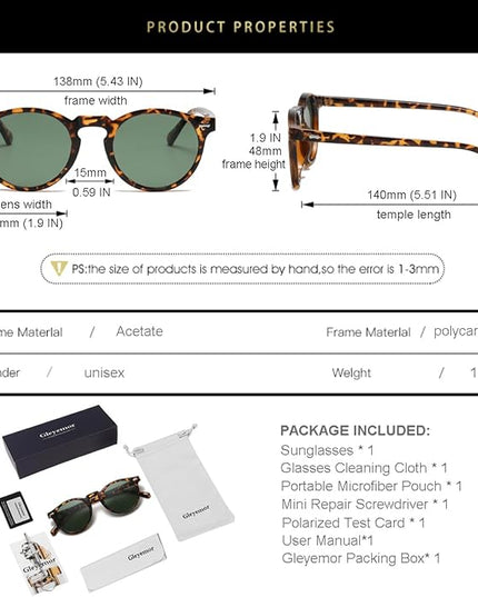 Gleyemor Vintage Polarized Sunglasses for Men Round Sunglasses UV400 Protection Retro Hand-crafted Acetate Frame