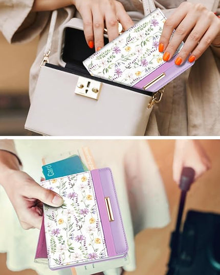 Passport Holder Cover Travel RFID Blocking Passport Cover Rose Gold Cute Flowers Passport Wallet with Elastic Band for Women