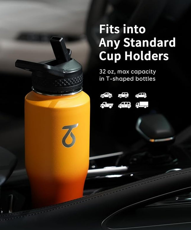 Trebo 32oz Insulated Water Bottle that Fits in Cup Holder, Stainless Steel Bottles Tumbler Double Wall Metal with Straw Spout Lids,Travel Flask with Paracord Handle, Sweat Proof Keep Cold &Hot,Orange