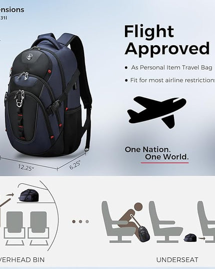 Swissdigital Design Laptop Backpack with USB Charging Port, Travel Backpack Fits 15.6 inches Computer, 31L College School Backpack for Men, Blue/Black | SD803-12 | Water Repellent