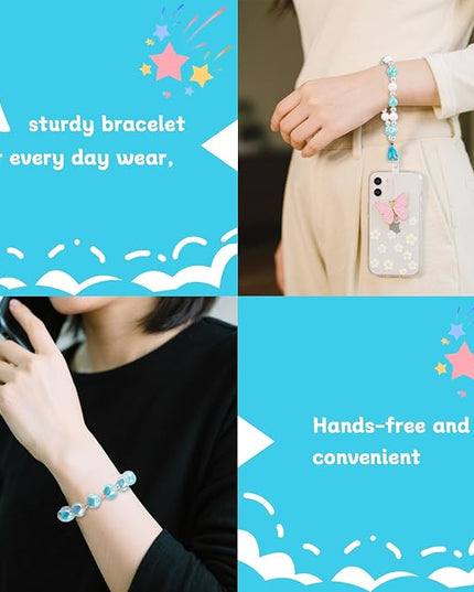2 Pcs Phone Charm Wrist Strap with Tether Tab, Double Anti Lost Cute Beaded Wrist Lanyard, Detachable Transparent Phone Charms for Bag, Key Chains, Camera Decor