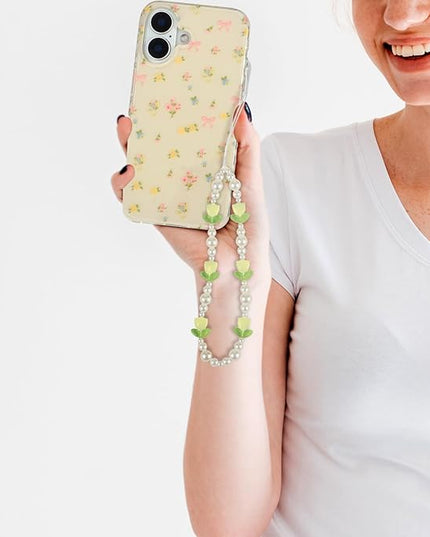 Beaded Phone Charms Cute Aesthetic Tulip Lanyard Strap Girl Wrist Chain, Phone Keychain Decoration for Wallet AirPods-Yellow