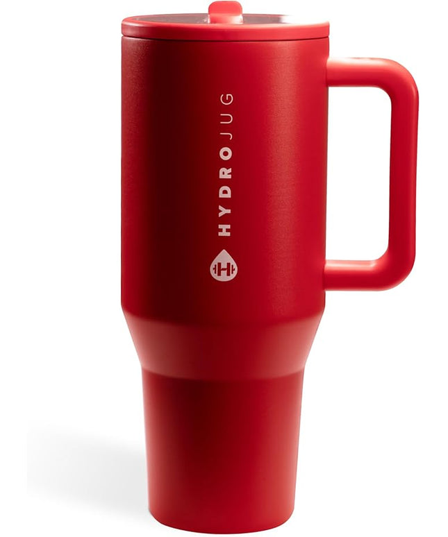 HydroJug Traveler - 32 oz Water Bottle with Handle & Flip Straw - Fits in Cup Holder, Leak Resistant Tumbler-Reusable Insulated Stainless Steel & Rubber Base - Gifts for Women & Men, Alumni Red