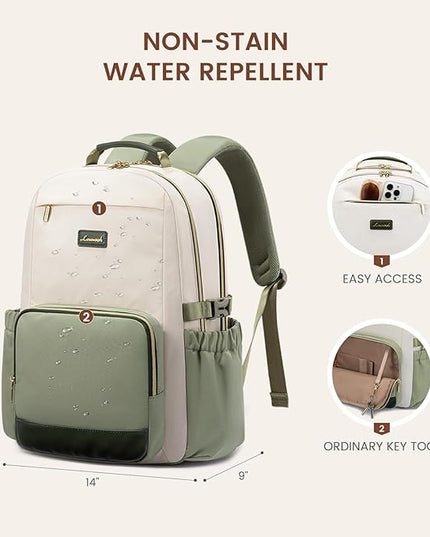 LOVEVOOK Laptop Backpack for Women with Pouch Pocket for Large Capacity Cup,18 Inch Laptop Computer Bag Travel Backpack Purse,Waterproof Work College Teacher Bags,White-Bean Green-Dark Olive Green