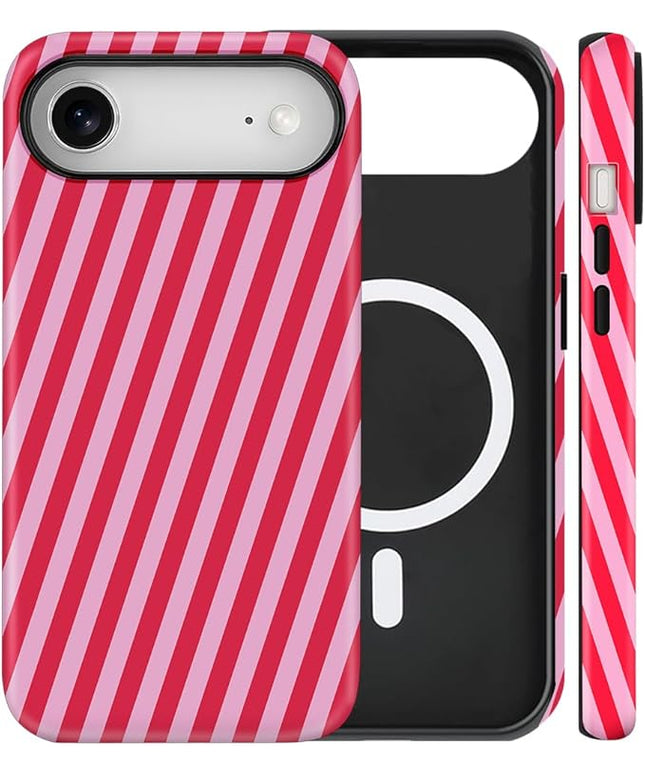 Magnetic for iPhone 17 Air Case Cute Diagonal Stripes Phone Case, Shockproof Slim TPU and Hard PC Protective Phone Cover Compatible with MagSafe Designed for Women Girls,Red