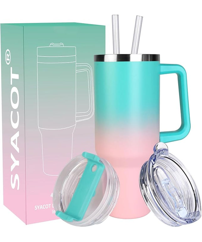 SYACOT 40 oz Tumbler with Handle and Straw Stainless Steel Insulated Tumbler Leak Proof Lid and Straw Lid Reusable Travel Mug Coffee Mug Cup Dishwasher Safe Keep Drinks Cold and Hot (Bubble Gum)