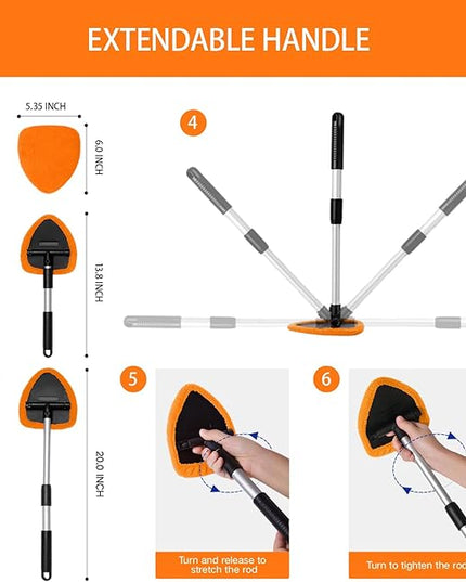 11pcs Windshield Cleaner Tool, Car Window Cleaning Wash Kit with 6 Reusable Microfiber Pads 2 Spray Bottles and Extendable Handles Auto Glass Wiper Kit, Orange