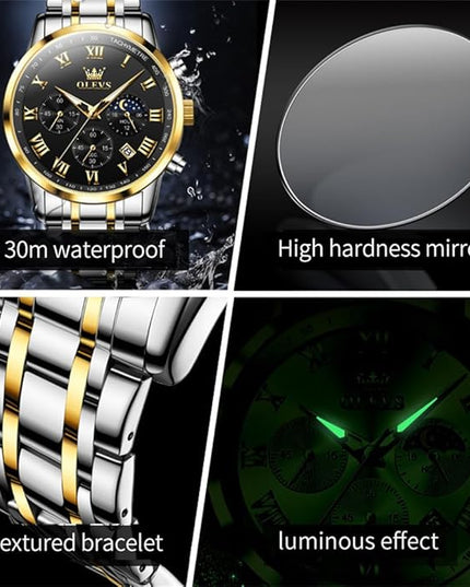 OLEVS Mens Watch Luxury Big Face Stainless Steel Analog Quartz Multifunctional Waterproof Luminous Date Two Tone Fashion Dress Wrist Watches for Man