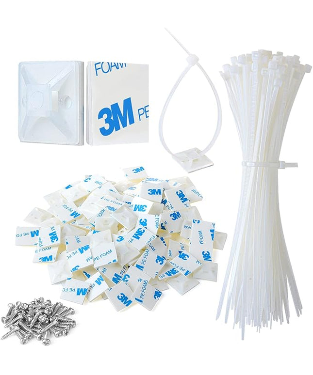 200pcs 3/4" Back-Glue Self Adhesive White Strong Cable Zip Tie Mounts with 8" Ties, Screws, Outdoor Sticky Wire Fasteners Cable Clips Management Anchors Organizer Holders Squares
