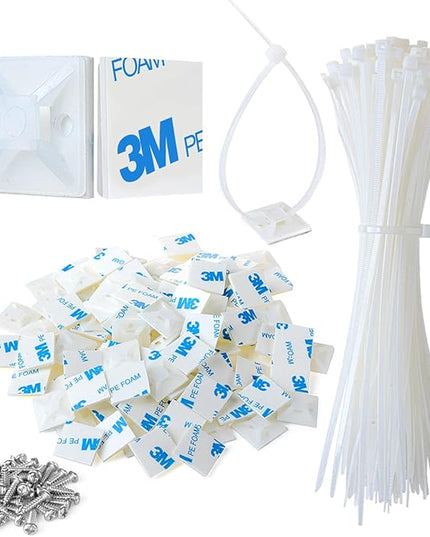 3/4" 3M Back-Glue Self Adhesive White Strong Cable Zip Tie Mounts 100pcs with 8" Ties, Screws, Outdoor Sticky Wire Fasteners Cable Clips Management Anchors Organizer Holders Squares