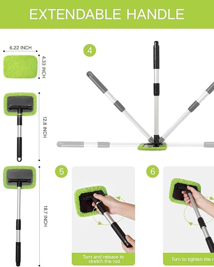 11pcs Windshield Cleaner Tool, Car Window Cleaning Wash Kit with 6 Reusable Microfiber Pads 2 Spray Bottles and Extendable Handles Auto Glass Wiper Kit, Green