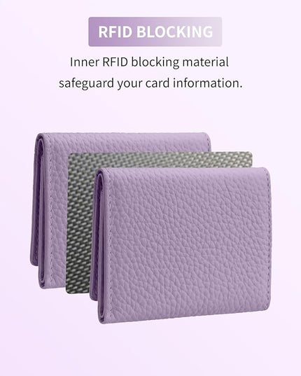 Unisex RFID Genuine Leather Wallet Compact Trifold with Coin Pouch & Card Slots Black (Light Purple)