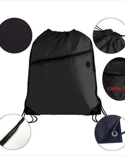 20PCS Drawstring Bag Sports Gym String Backpack Bulk Cinch Bag Sackpack with 2 layer Zip pocket for Yoga Gym Traveling (20, black)