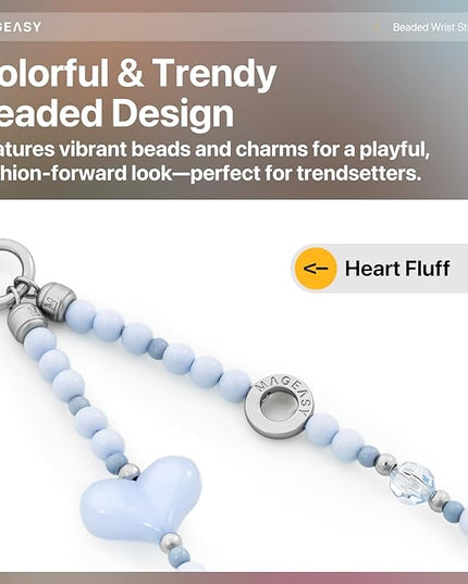 MAGEASY Beaded Phone Charm for Women - Cell Phone Wrist Strap with Teather Tab, Designed for iPhone & Android Phones, Keychain, Camera - Heart Fluff