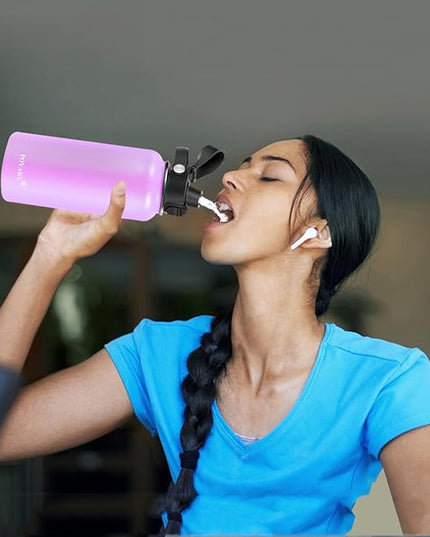 Water Bottle Insulated 32oz 40oz 64oz 128oz Straw Lid Spout Lid & 3 Lids, Leak Proof, Vacuum Insulated,Stainless Steel Water Bottle Wide Mouth for Sports, Gym or Office