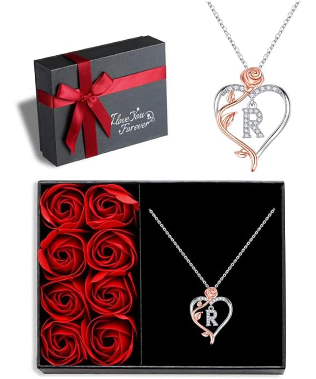 Iefil Christmas Gifts for Women Wife - 925 Sterling Silver Rose Heart Initial Necklace, Anniversary Birthday Gifts for Women, Jewelry Gift for Her Wife Girlfriend Mom Daughter