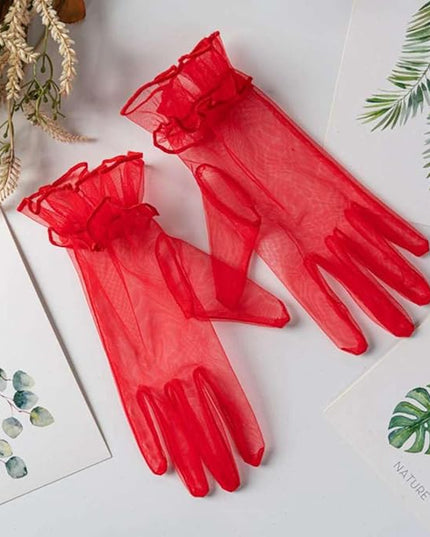 Women's Summer Tulle Gloves Pleated Ruffle Full Finger Wrist Length Opera Party Gloves