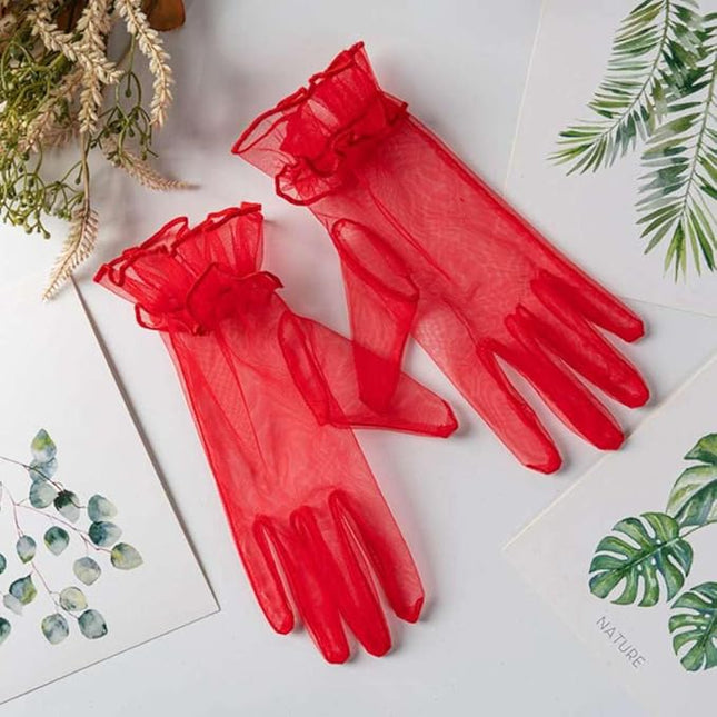 Women's Summer Tulle Gloves Pleated Ruffle Full Finger Wrist Length Opera Party Gloves