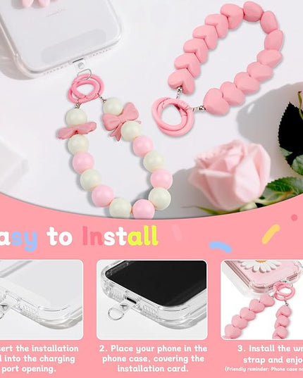 2 Pcs Phone Charm Wrist Strap with Tether Tab, Double Anti Lost Cute Beaded Wrist Lanyard, Detachable Transparent Phone Charms for Bag, Key Chains, Camera Decor