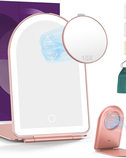 Mocado Travel Makeup Mirror with Light, 1x/10x Magnifying Mirror with Light, 3 Colors Lighted Magnifying Mirror, 2000mAh Rechargeable Lighted Makeup Mirror, Memory Function (Arched-Rose Gold)