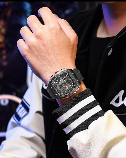 PASOY Luxury Chronograph Watches for Mens Rubber Strap Black Waterproof Date Analog Quartz Watch