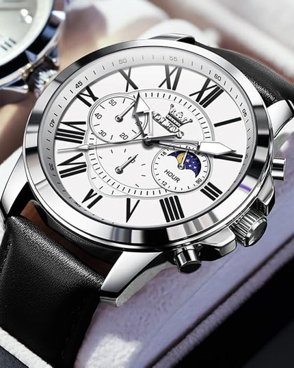 OLEVS Men's Watches Leather Strap Analog Quartz Watch, Fashion Big Dial Date Waterproof Watch, Dress Luxury Luminous Men Watches