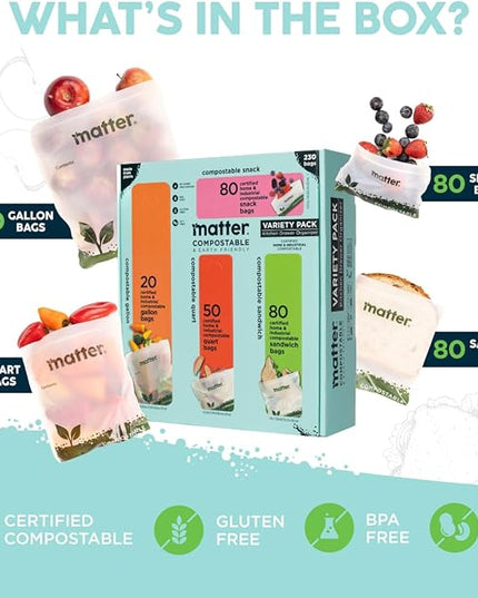 Matter Compostable Assorted Kitchen Bags, 230 Count, Biodegradable, Eco-Friendly Resealable Food Storage Variety Pack, 80 Snack, 80 Sandwich, 50 Quart & 20 Gallon