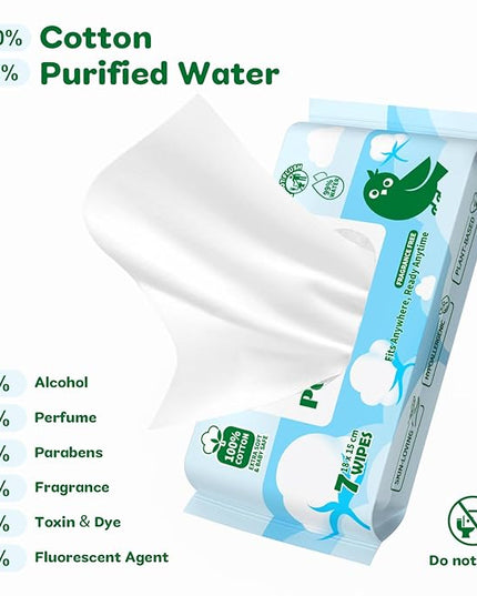 100% Cotton Travel Wipes for Sensitive Skin, 99% Water Hypoallergenic Mini Wet Wipes, Unscented Pocket Wipes Travel Essentials for Adults, Kids & Baby Care, 168 Count (24 Packs of 7)