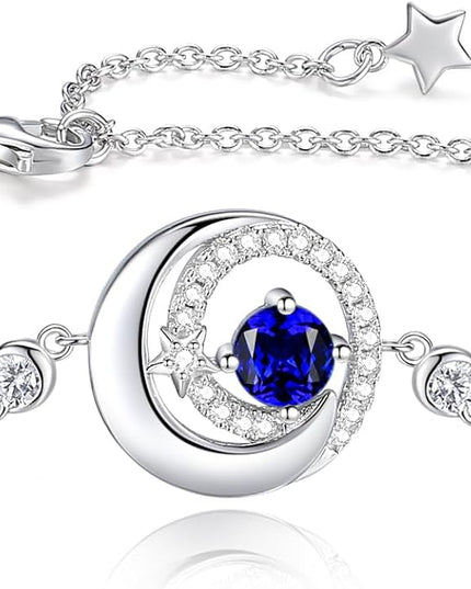 FANCIME Birthstone Bracelets 925 Sterling Silver Moon and Star Bangle Charm Bracelet Fine Jewelry Birthday Anniversary Christmas Day Gift for Her Women, Adjustable Chain 6.7"+1.2" Extend