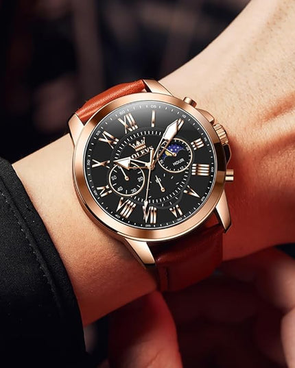 OLEVS Men's Watches Leather Strap Analog Quartz Watch, Fashion Big Dial Date Waterproof Watch, Dress Luxury Luminous Men Watches