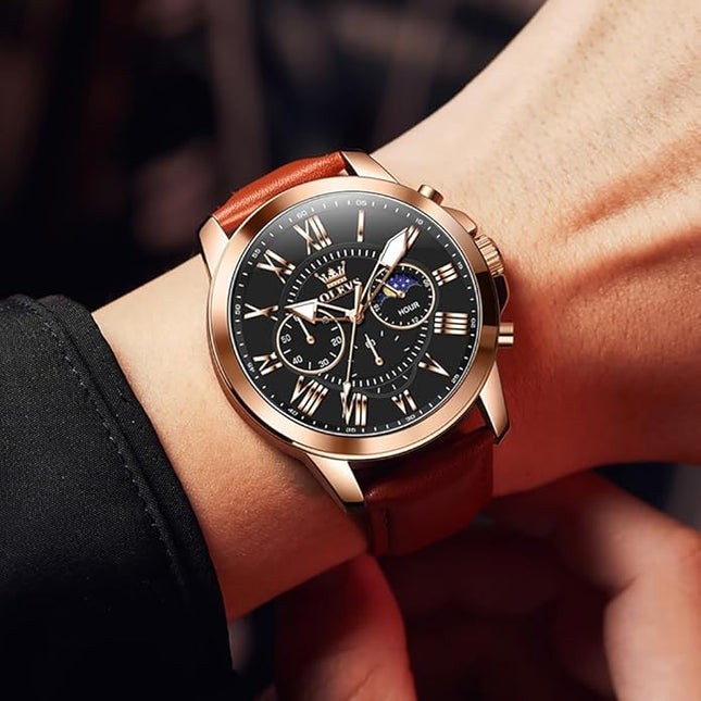 OLEVS Men's Watches Leather Strap Analog Quartz Watch, Fashion Big Dial Date Waterproof Watch, Dress Luxury Luminous Men Watches