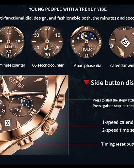 OLEVS Men's Watches Leather Strap Analog Quartz Watch, Fashion Big Dial Date Waterproof Watch, Dress Luxury Luminous Men Watches
