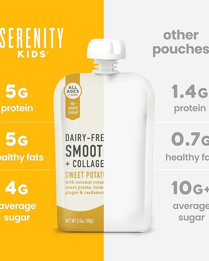Serenity Kids 6+ Months Dairy-Free Smoothie Baby Food Pouches - USDA Organic, Grass Fed Collagen Protein - 3.5 Oz BPA-Free - Sweet Potato Spice - 6 Count - Smoothie Pouches