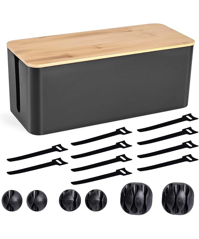 Cable Management Box - Wooden Style Cord Organizer Box to Hide Wires & Power Strips | Desk Computer Cable Organizer Box | Safe ABS Material | 12.6" (L) x 5.3" (W) 4.9" (H) | for Home & Office - Black