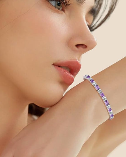Birthstone Tennis Bracelets for Women White Gold Sterling Silver Gemstone Bracelets Adjustable Chain 6-9 Inchs Jewelry Anniversary Birthday Gifts for Women Mom Wife Her