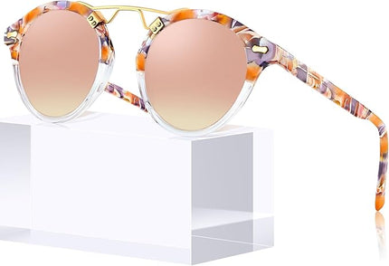 CARFIA Small Face Acetate Polarized Sunglasses for Women UV Protection, Retro Double Bridge Eyewears Metal Brow Round Sunnies